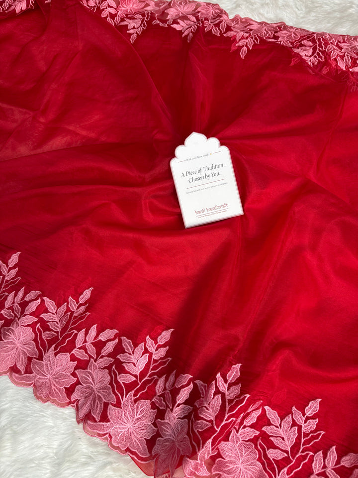 Scarlet Petal Embroidered Cutwork Kora Organza Saree