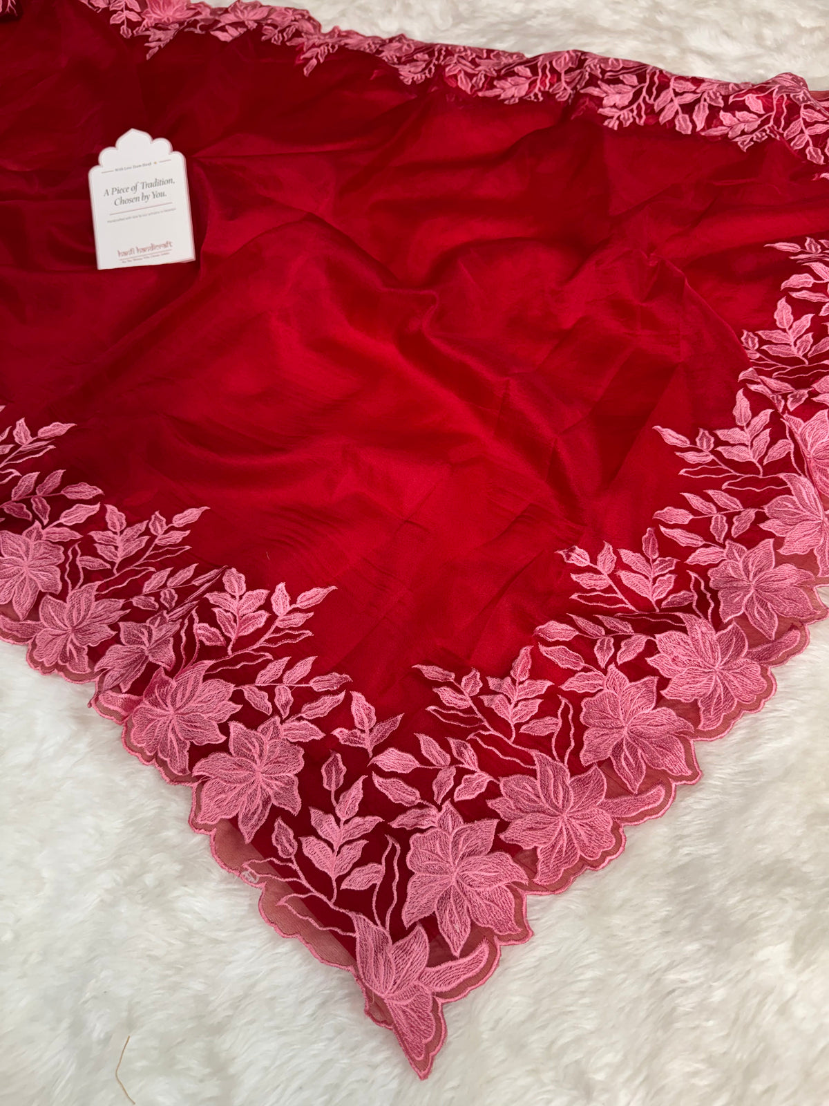 Scarlet Petal Embroidered Cutwork Kora Organza Saree
