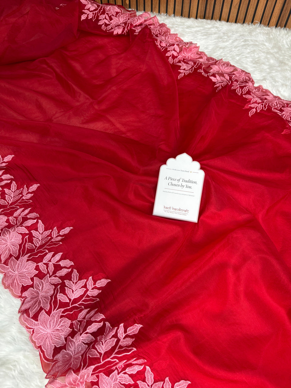 Scarlet Petal Embroidered Cutwork Kora Organza Saree