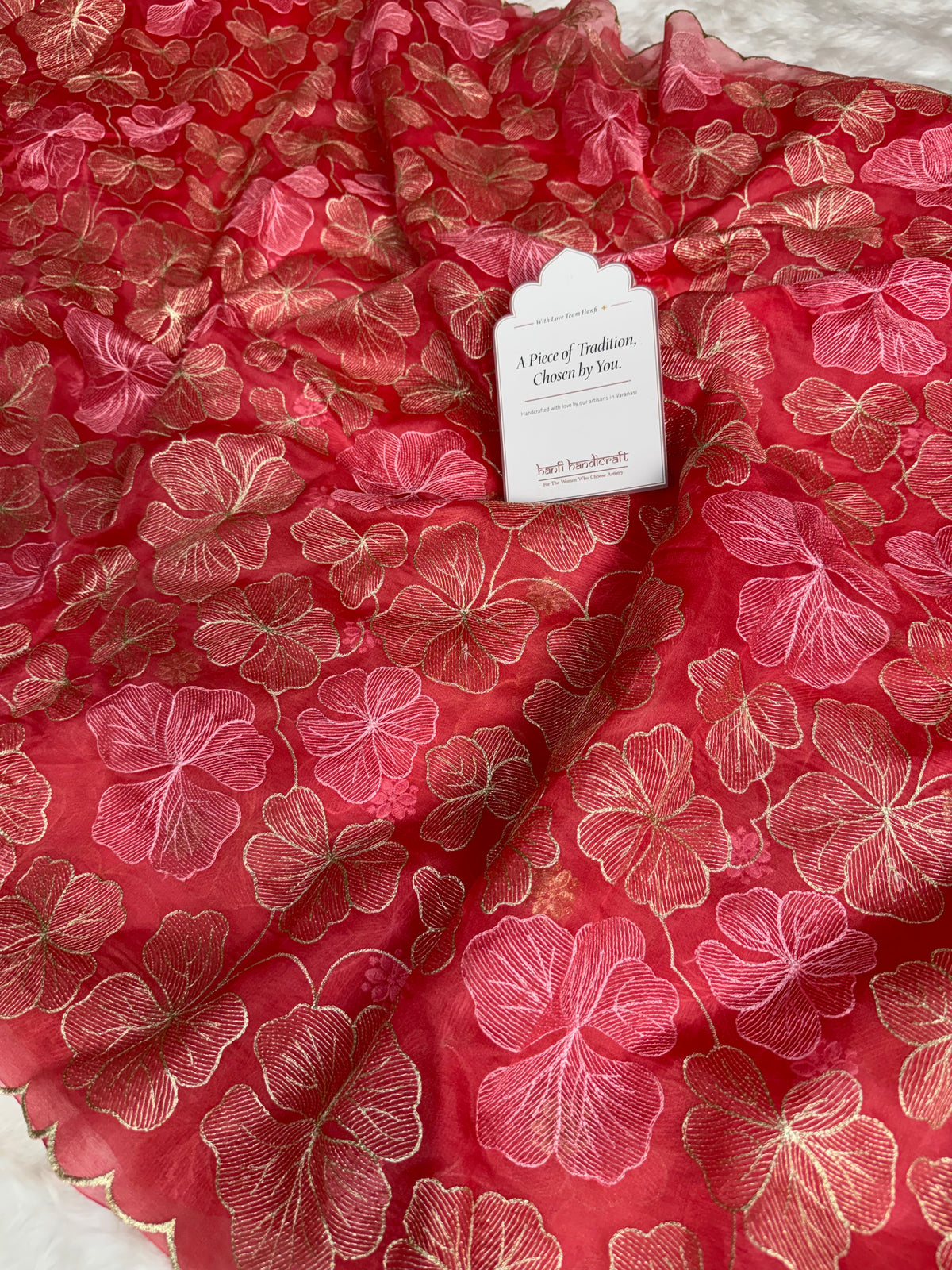 Strawberry Bloom Zari Floral Cutwork Kora Organza Saree