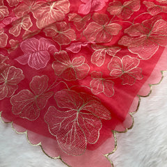 Strawberry Bloom Zari Floral Cutwork Kora Organza Saree
