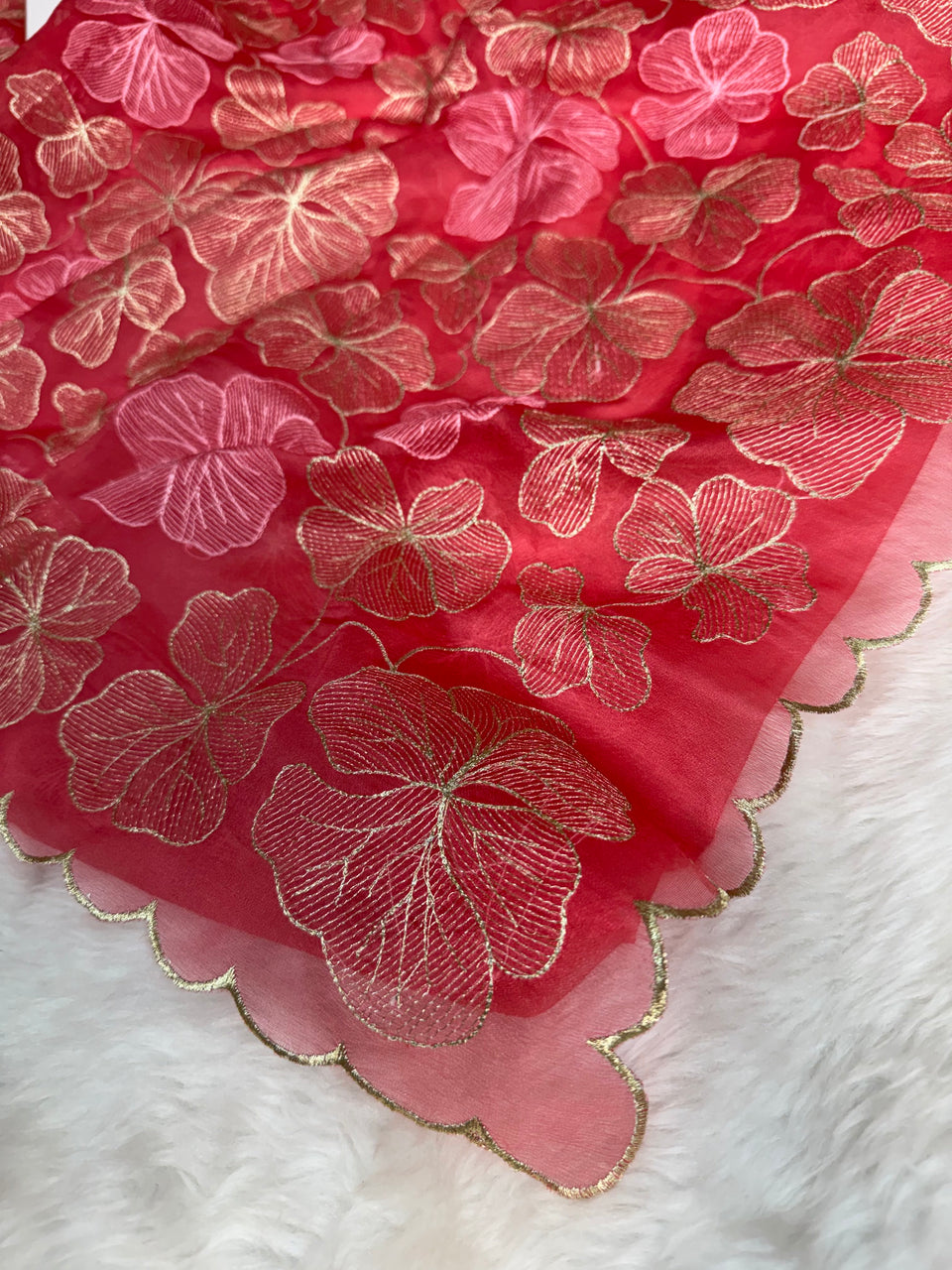 Strawberry Bloom Zari Floral Cutwork Kora Organza Saree