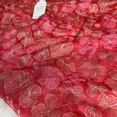 Strawberry Bloom Zari Floral Cutwork Kora Organza Saree