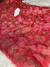 Strawberry Bloom Zari Floral Cutwork Kora Organza Saree