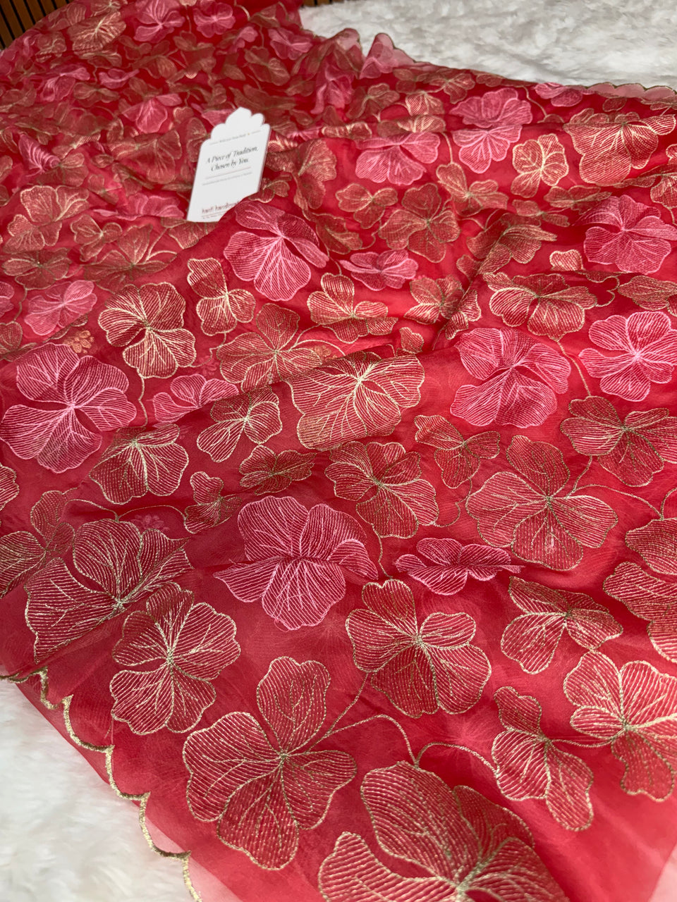 Strawberry Bloom Zari Floral Cutwork Kora Organza Saree