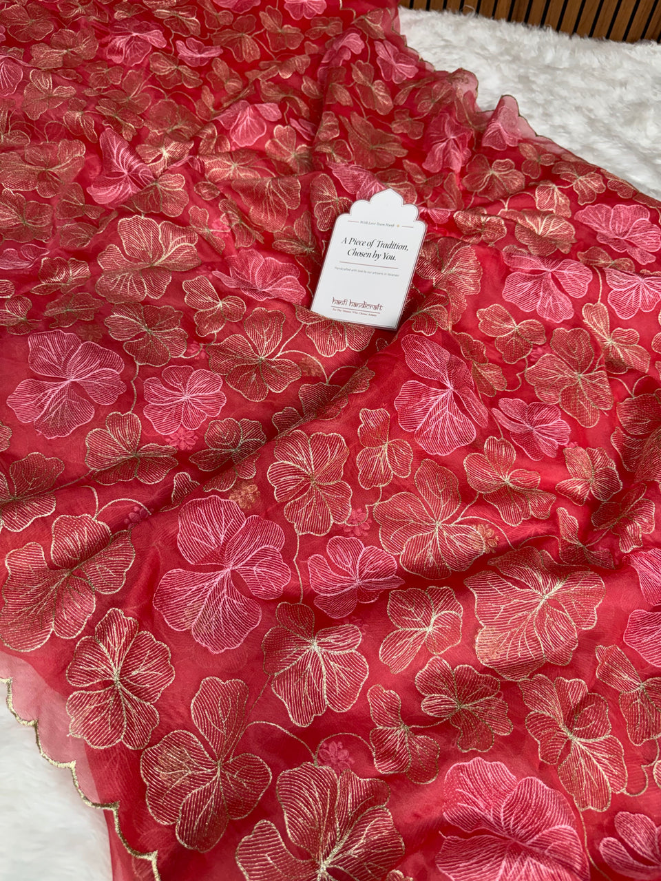 Strawberry Bloom Zari Floral Cutwork Kora Organza Saree