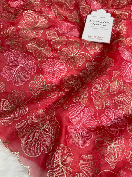 Strawberry Bloom Zari Floral Cutwork Kora Organza Saree