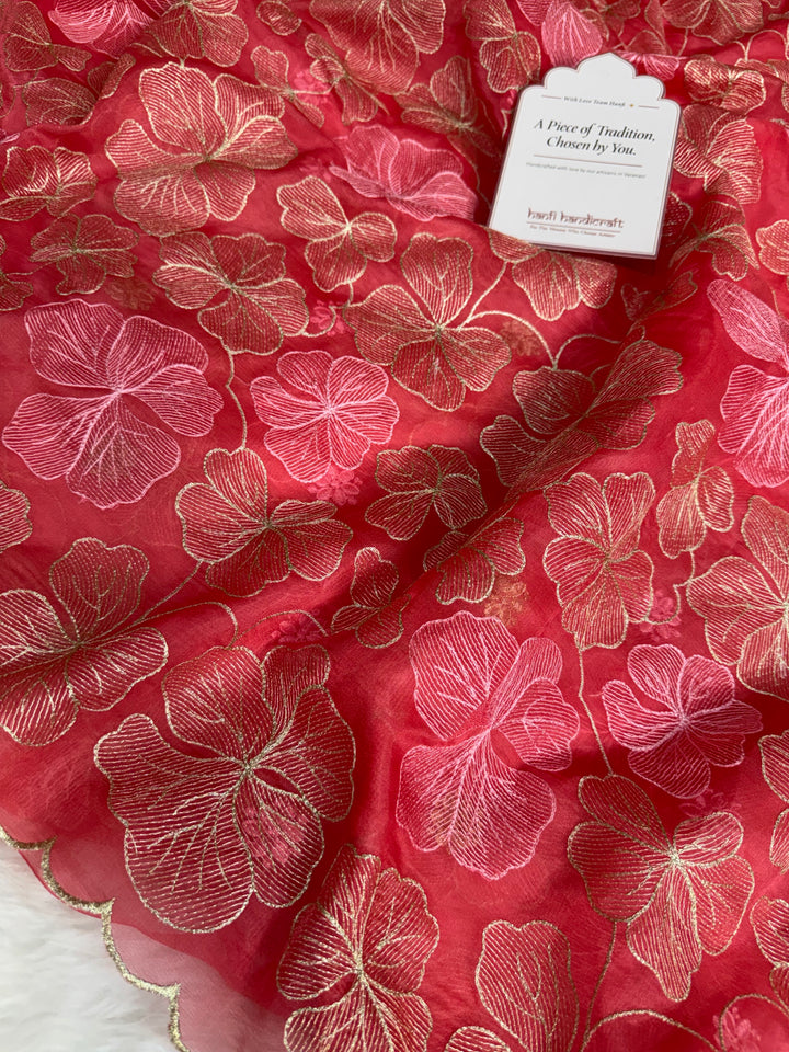 Strawberry Bloom Zari Floral Cutwork Kora Organza Saree