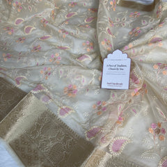 Ivory Chikankari Style Embroidered Kora Organza Saree with Banarasi Border