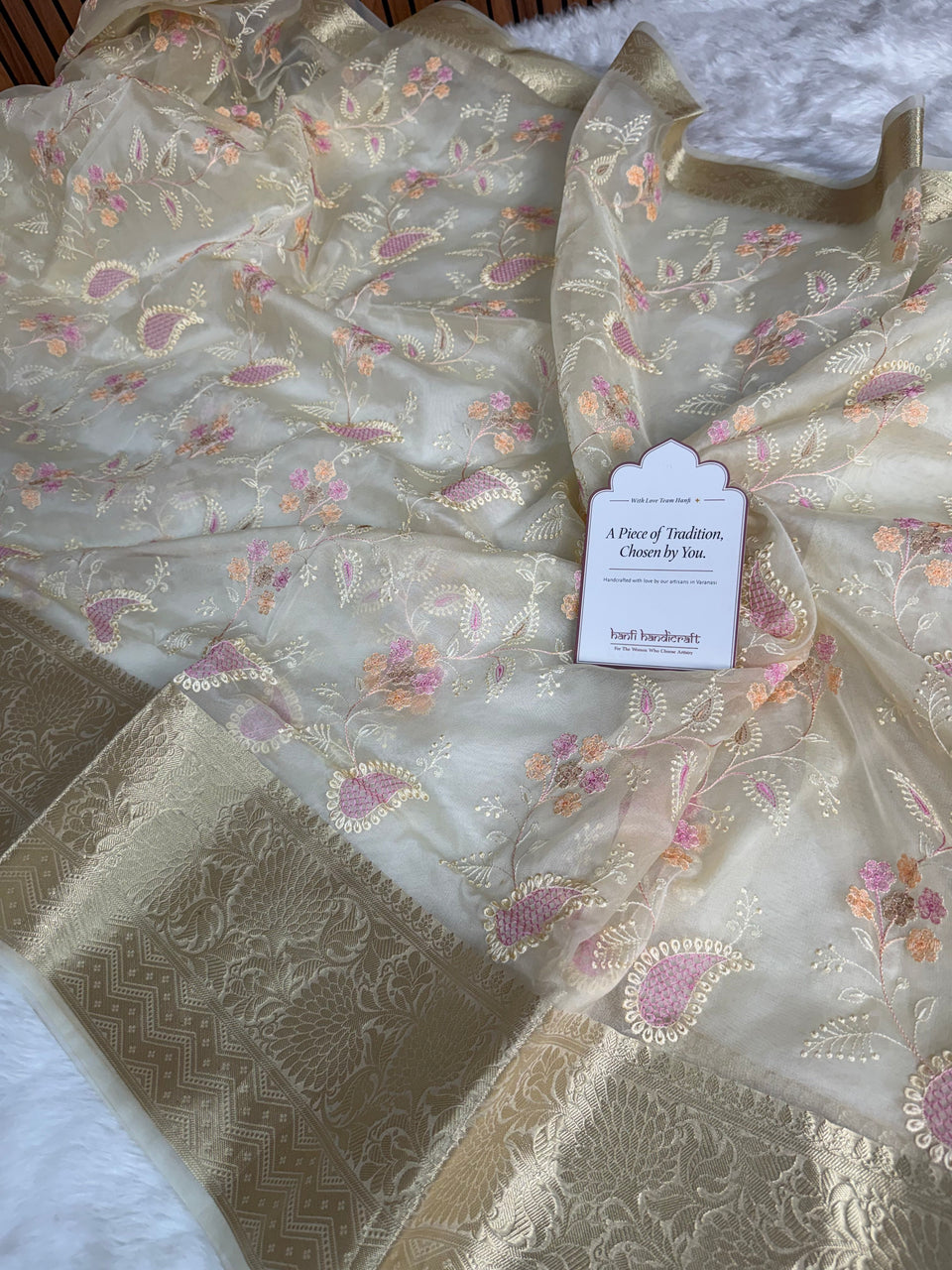Ivory Chikankari Style Embroidered Kora Organza Saree with Banarasi Border