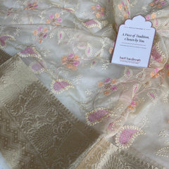 Ivory Chikankari Style Embroidered Kora Organza Saree with Banarasi Border