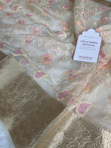 Ivory Chikankari Style Embroidered Kora Organza Saree with Banarasi Border