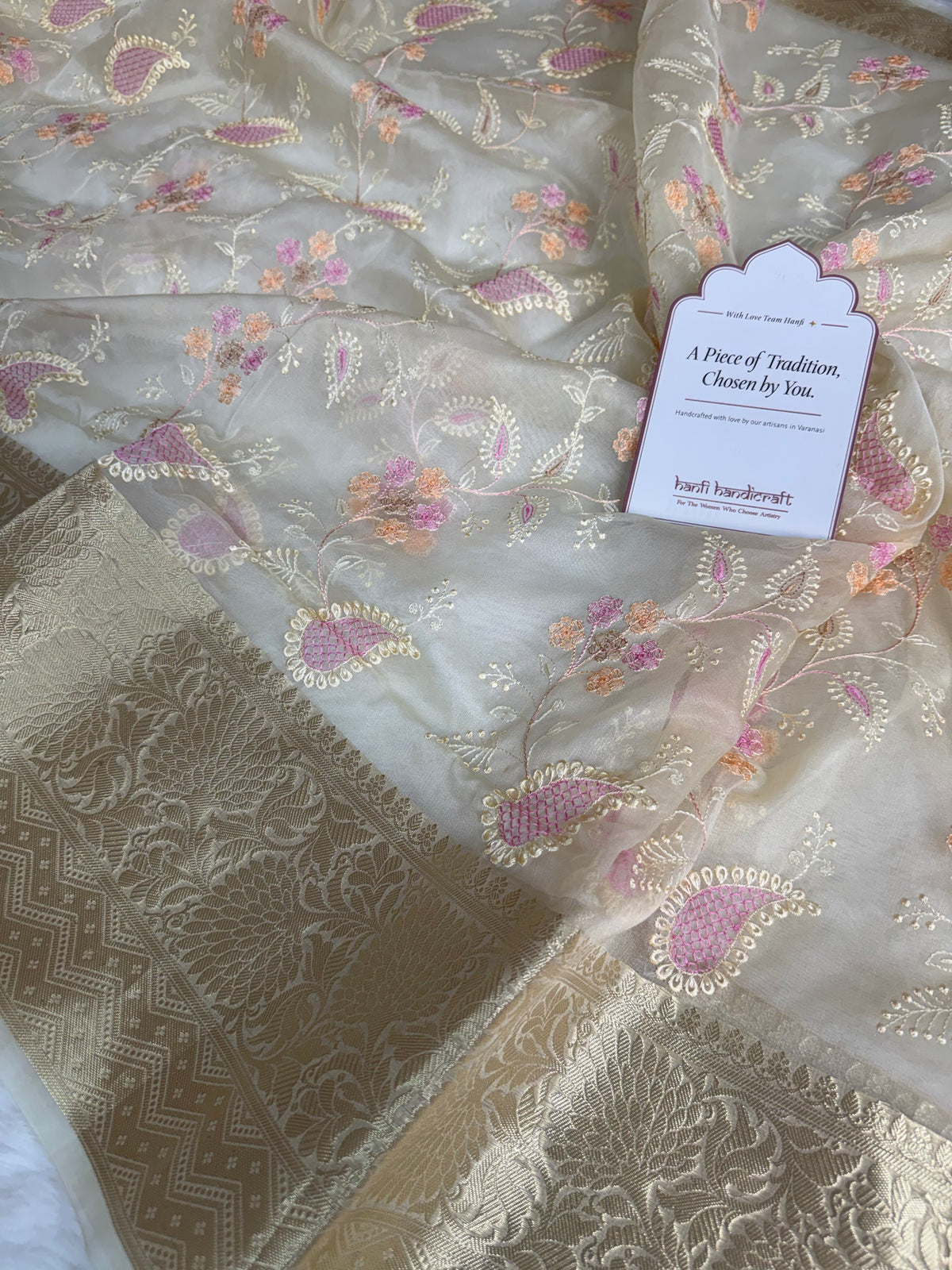 Ivory Chikankari Style Embroidered Kora Organza Saree with Banarasi Border