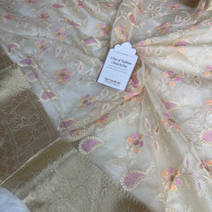 Ivory Chikankari Style Embroidered Kora Organza Saree with Banarasi Border