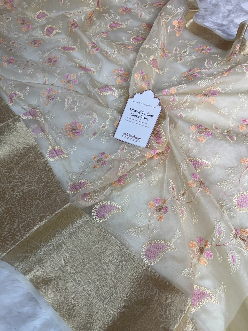 Ivory Chikankari Style Embroidered Kora Organza Saree with Banarasi Border
