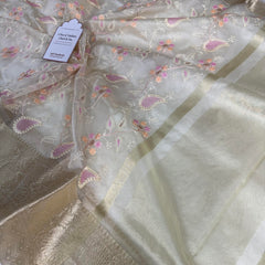 Ivory Chikankari Style Embroidered Kora Organza Saree with Banarasi Border