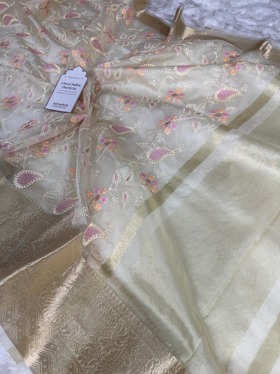Ivory Chikankari Style Embroidered Kora Organza Saree with Banarasi Border