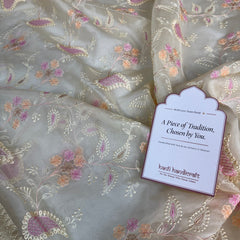 Ivory Chikankari Style Embroidered Kora Organza Saree with Banarasi Border