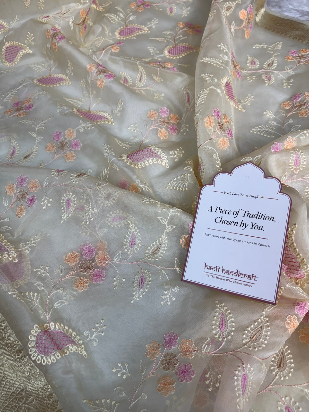 Ivory Chikankari Style Embroidered Kora Organza Saree with Banarasi Border