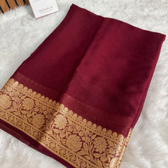 Wine Maroon Pure Khaddi Chiffon Banarasi Saree with Chevron Weaving Blouse