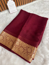 Wine Maroon Pure Khaddi Chiffon Banarasi Saree with Chevron Weaving Blouse