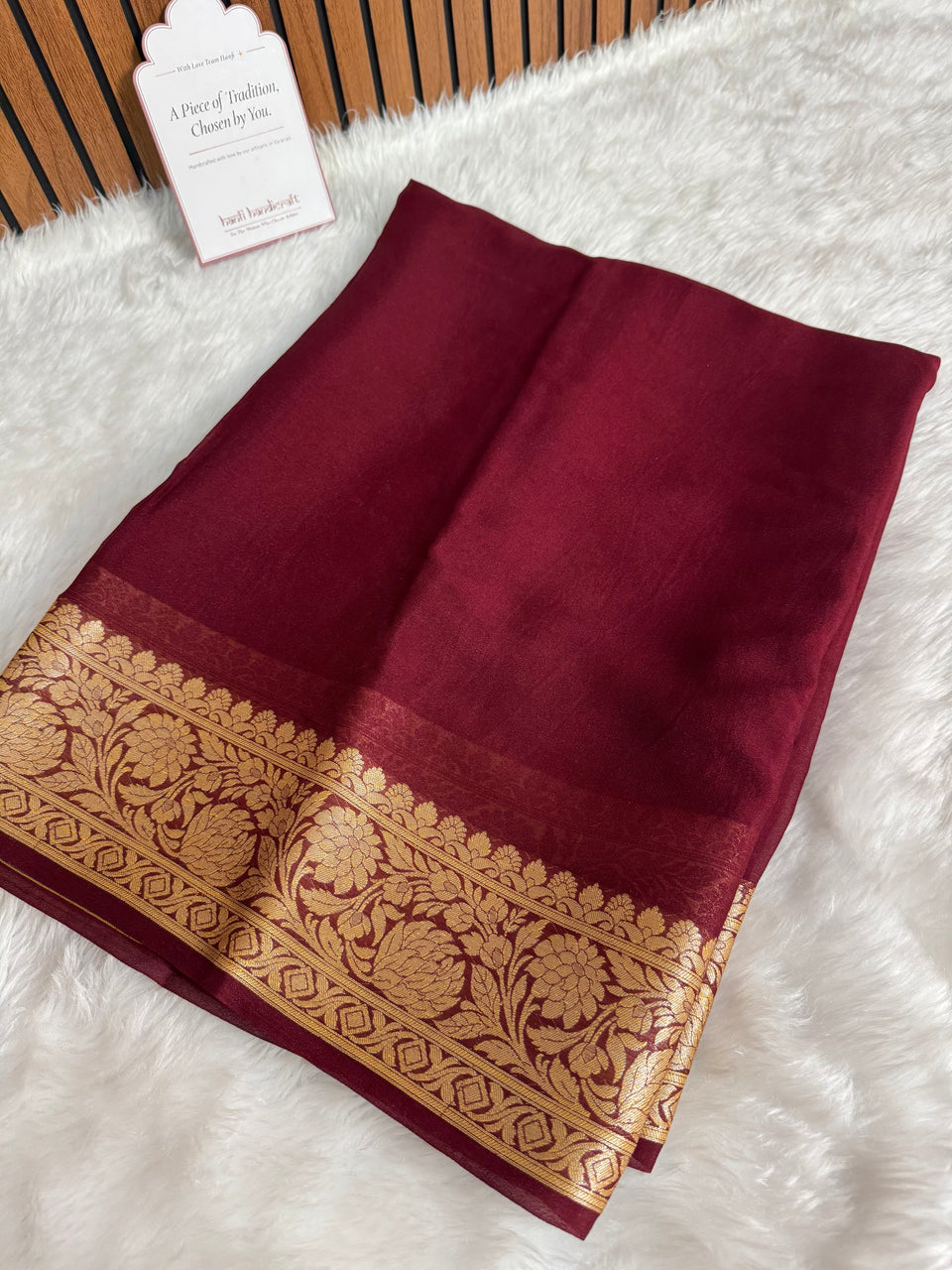 Wine Maroon Pure Khaddi Chiffon Banarasi Saree with Chevron Weaving Blouse