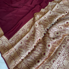 Wine Maroon Pure Khaddi Chiffon Banarasi Saree with Chevron Weaving Blouse