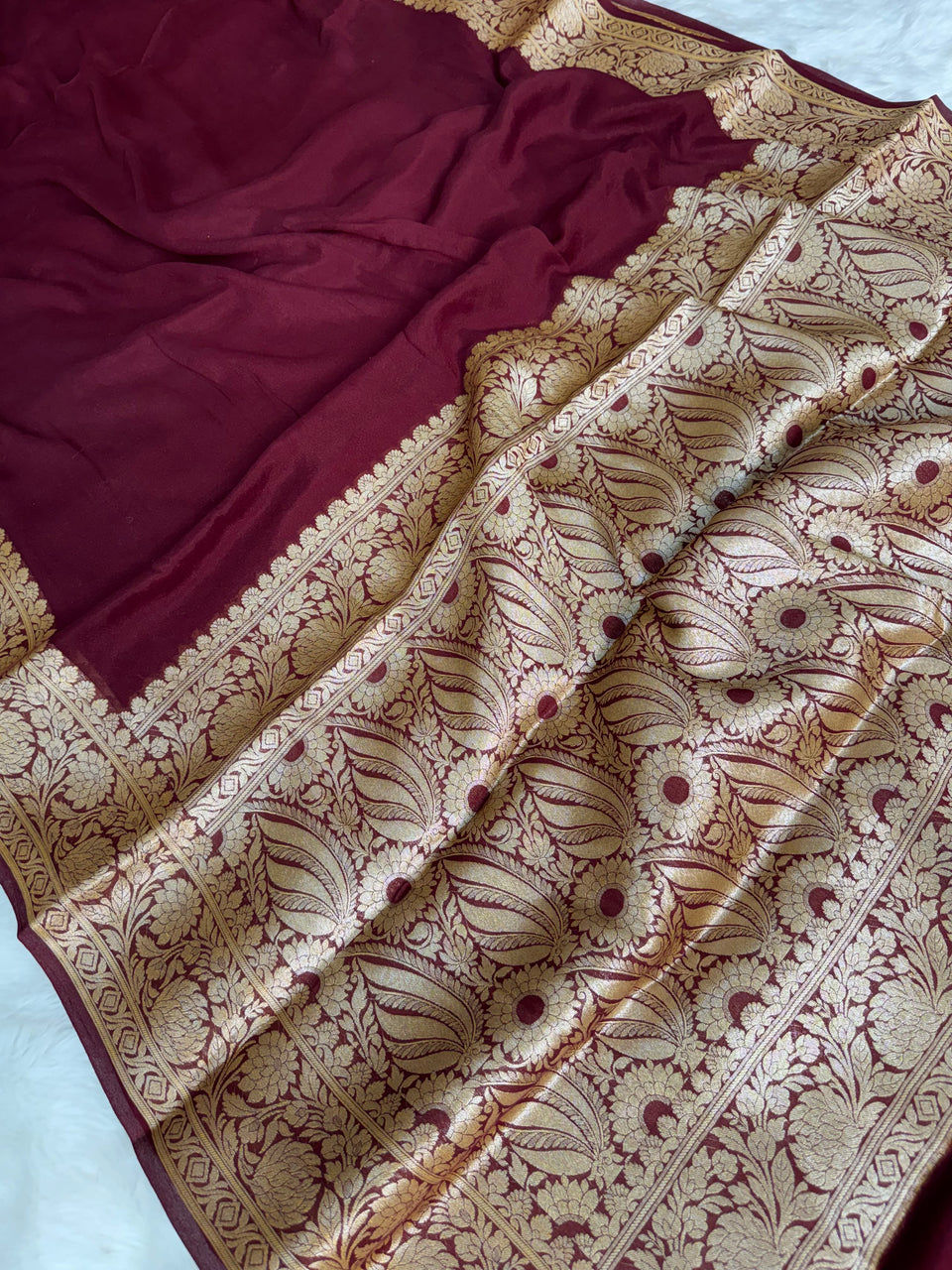 Wine Maroon Pure Khaddi Chiffon Banarasi Saree with Chevron Weaving Blouse
