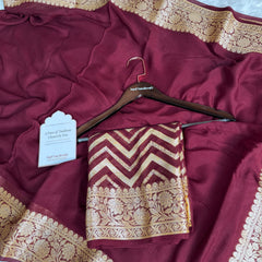 Wine Maroon Pure Khaddi Chiffon Banarasi Saree with Chevron Weaving Blouse