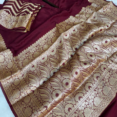 Wine Maroon Pure Khaddi Chiffon Banarasi Saree with Chevron Weaving Blouse