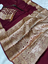 Wine Maroon Pure Khaddi Chiffon Banarasi Saree with Chevron Weaving Blouse