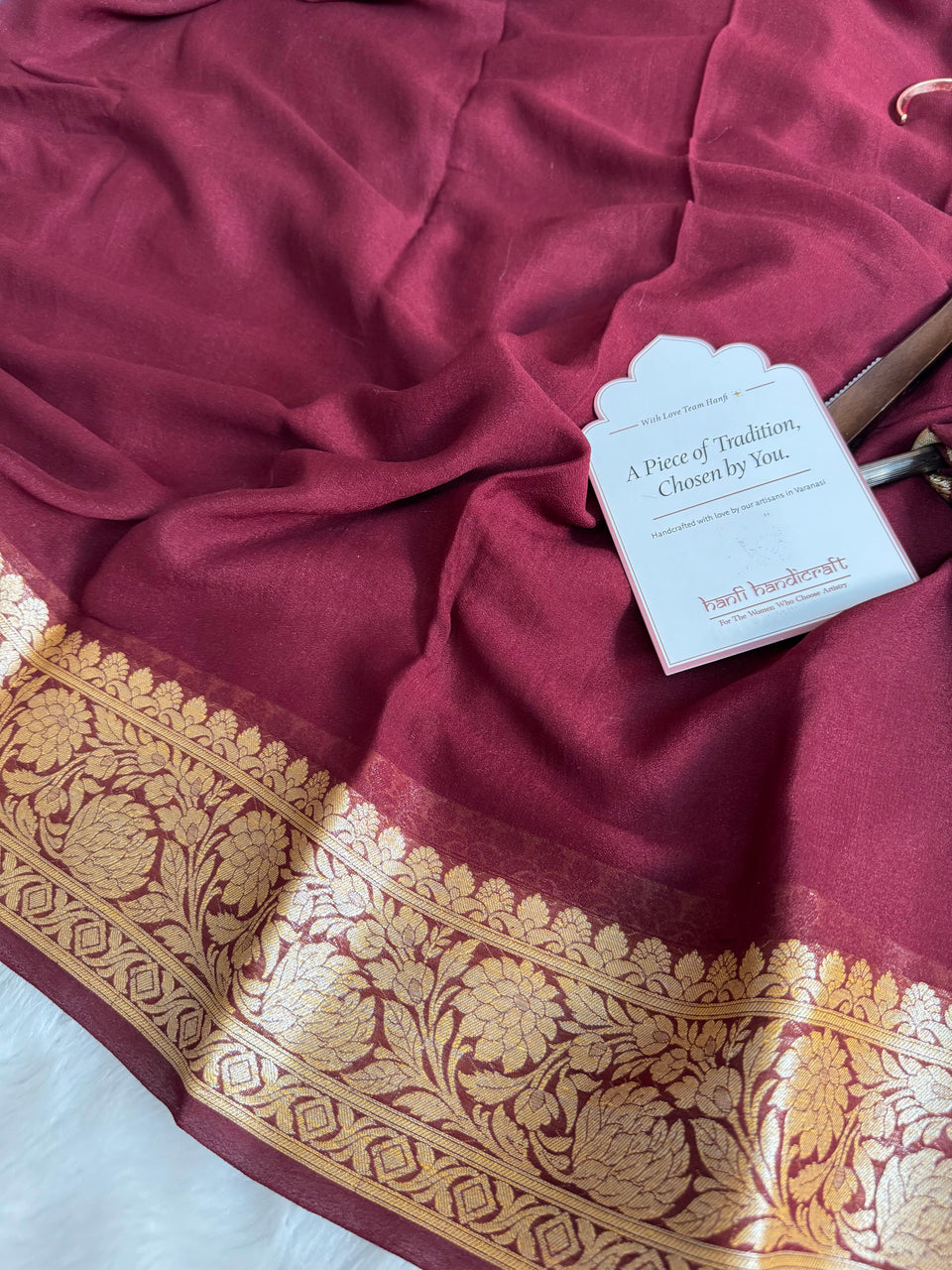 Wine Maroon Pure Khaddi Chiffon Banarasi Saree with Chevron Weaving Blouse