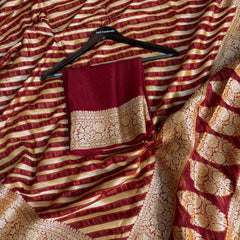 Maroon Red Pure Khaddi Chiffon Banarasi Saree Stripe Pattern
