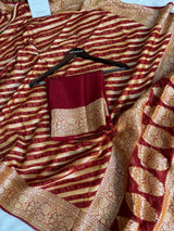 Maroon Red Pure Khaddi Chiffon Banarasi Saree Stripe Pattern