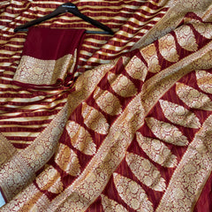 Maroon Red Pure Khaddi Chiffon Banarasi Saree Stripe Pattern