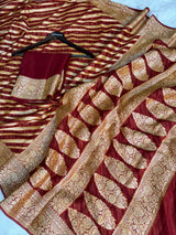 Maroon Red Pure Khaddi Chiffon Banarasi Saree Stripe Pattern