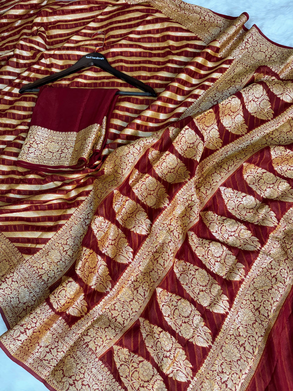 Maroon Red Pure Khaddi Chiffon Banarasi Saree Stripe Pattern