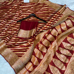 Maroon Red Pure Khaddi Chiffon Banarasi Saree Stripe Pattern