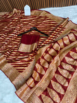 Maroon Red Pure Khaddi Chiffon Banarasi Saree Stripe Pattern