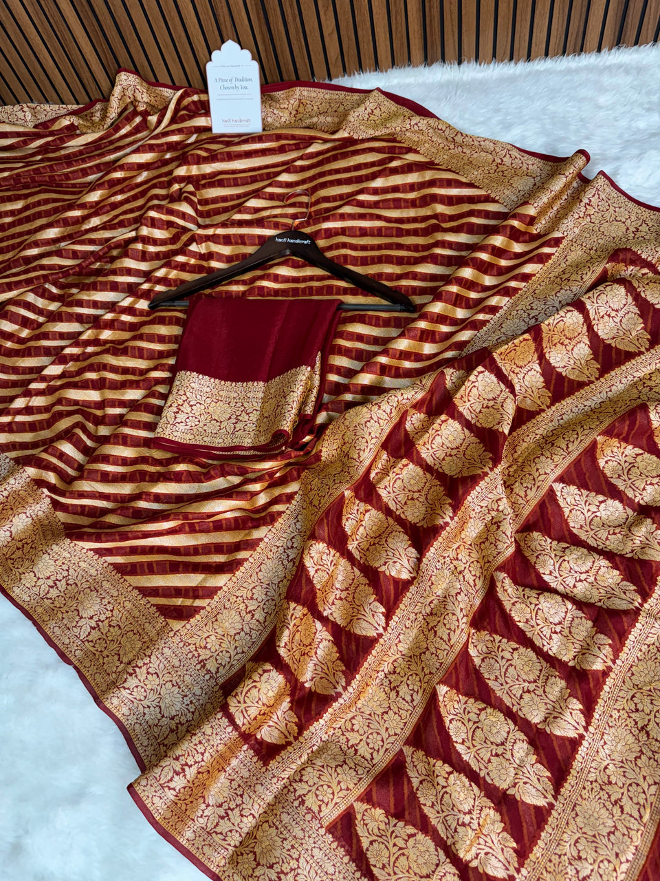 Maroon Red Pure Khaddi Chiffon Banarasi Saree Stripe Pattern