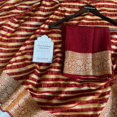 Maroon Red Pure Khaddi Chiffon Banarasi Saree Stripe Pattern