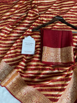 Maroon Red Pure Khaddi Chiffon Banarasi Saree Stripe Pattern