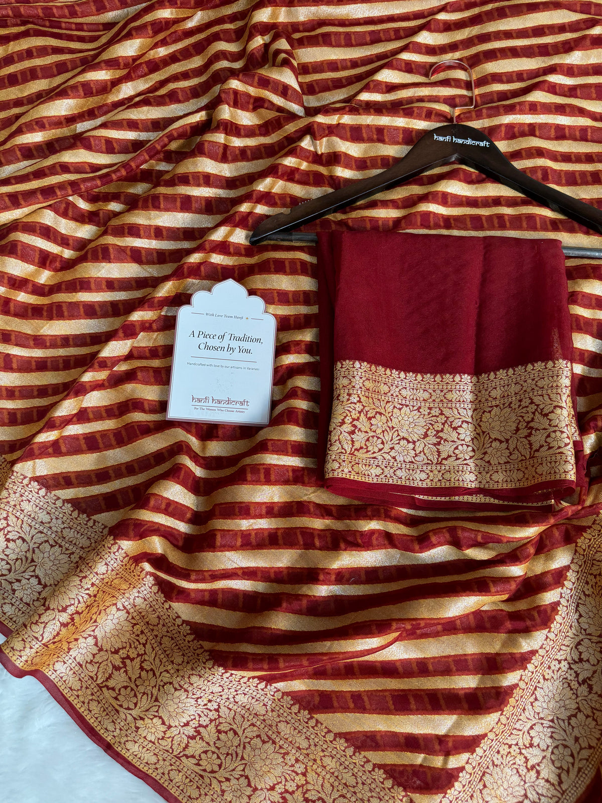 Maroon Red Pure Khaddi Chiffon Banarasi Saree Stripe Pattern