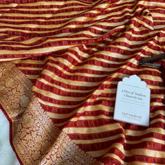 Maroon Red Pure Khaddi Chiffon Banarasi Saree Stripe Pattern