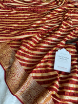 Maroon Red Pure Khaddi Chiffon Banarasi Saree Stripe Pattern