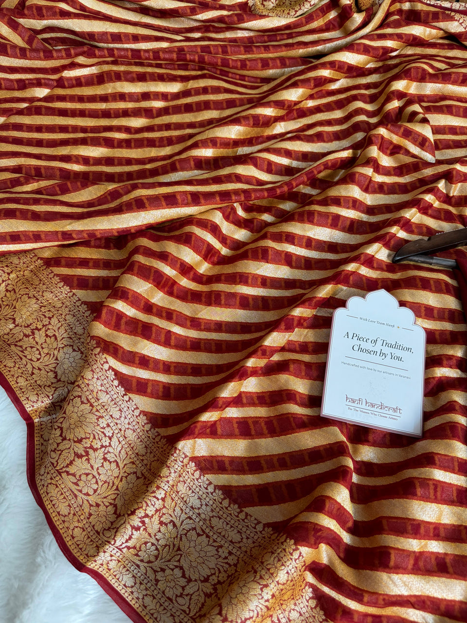 Maroon Red Pure Khaddi Chiffon Banarasi Saree Stripe Pattern