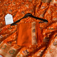 Kesari Orange Pure Khaddi Chiffon Banarasi Saree with Meenakari Weaving