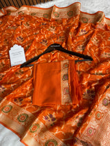 Kesari Orange Pure Khaddi Chiffon Banarasi Saree with Meenakari Weaving