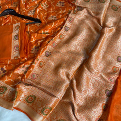 Kesari Orange Pure Khaddi Chiffon Banarasi Saree with Meenakari Weaving