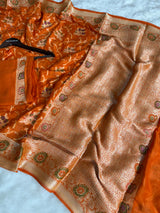 Kesari Orange Pure Khaddi Chiffon Banarasi Saree with Meenakari Weaving